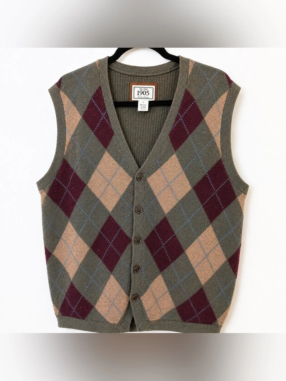 Jos. A. Bank 1905 Men’s Argyle Wool Blend Button Sweater Vest – Size L